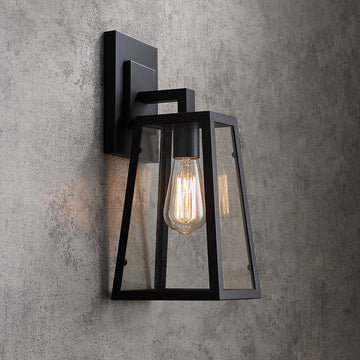 Retro Industrial Antique Matte Black Iron Lantern Outdoor Wall Sconce 1-Light with Clear Glass